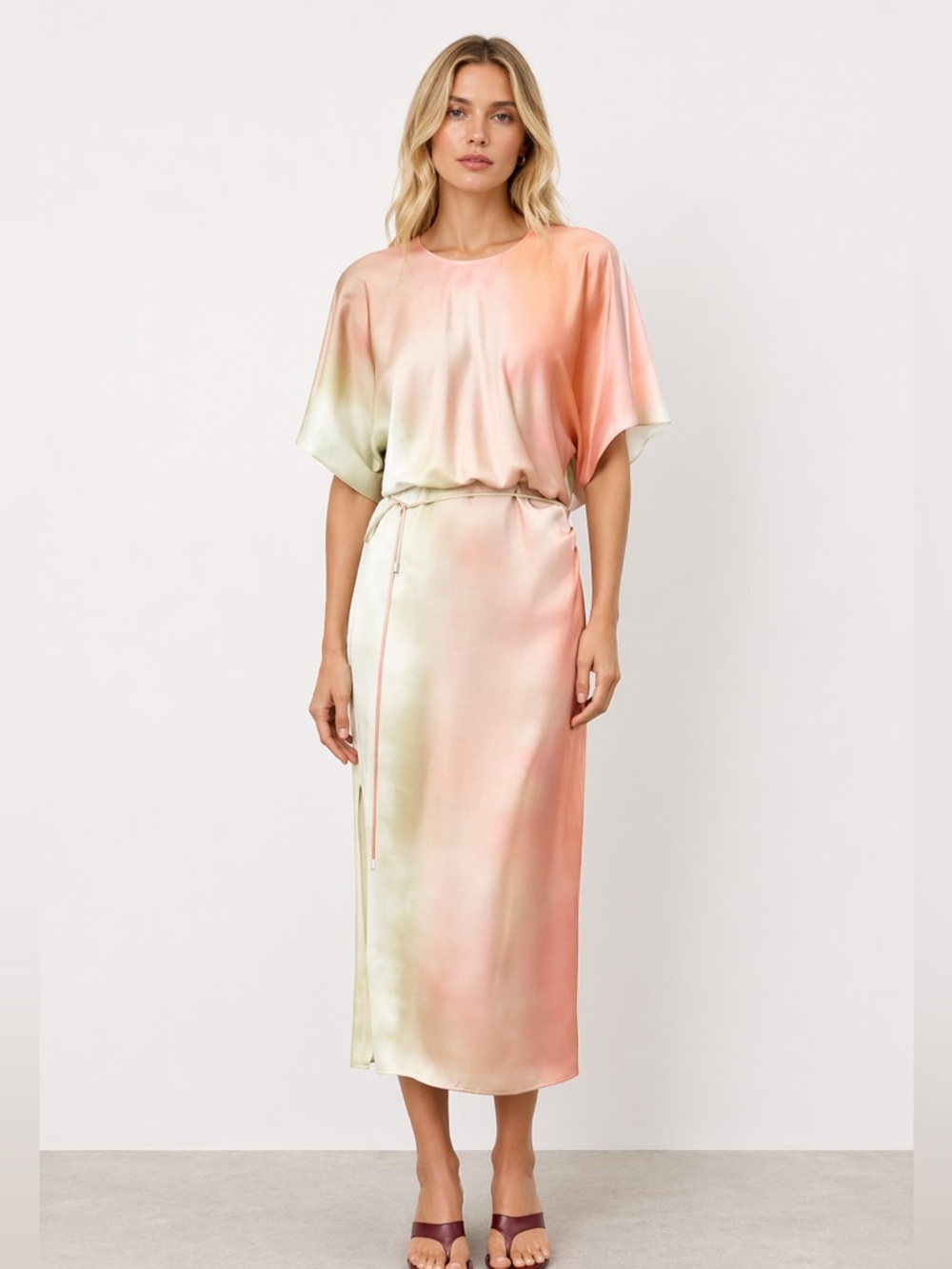 Zara Satin Midi Dress Watercolor Gradient Peach & Cream MSRP $70